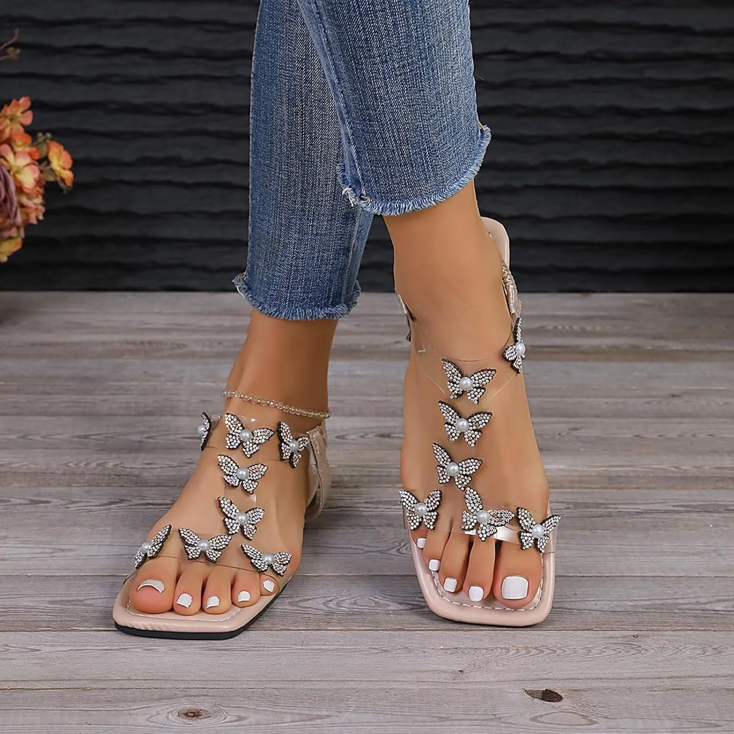 SACFOF Women's Butterfly Sandals Summer Rhinestone Square Open Toe Slides Beach Sandals Flat Sandals Dressy Slip on Slides
