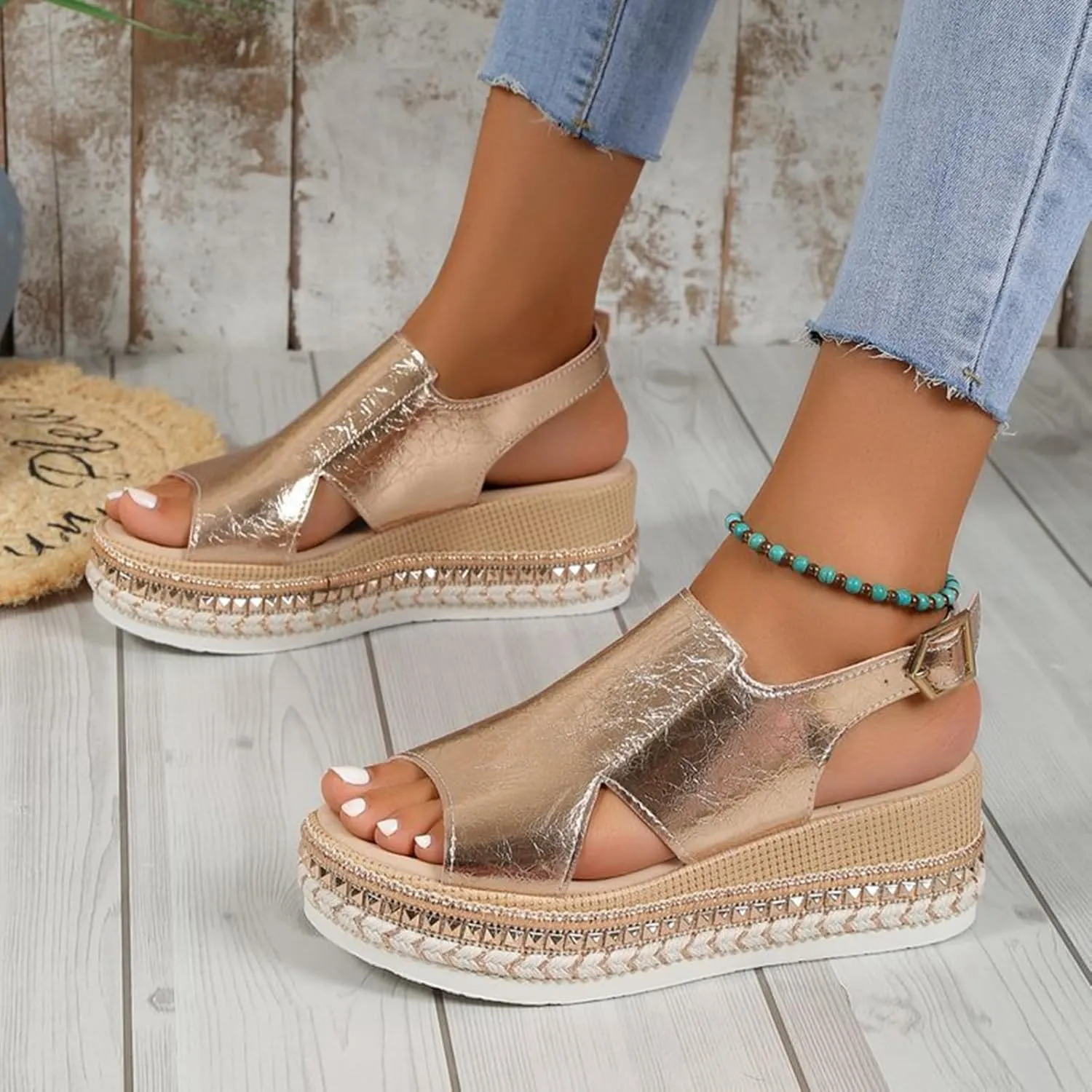 SACFOF Women's Platform Espadrilles Casual Ankle Strap Wedge Sandals Comfortable Dressy Open Toe Buckle Summer Shoes