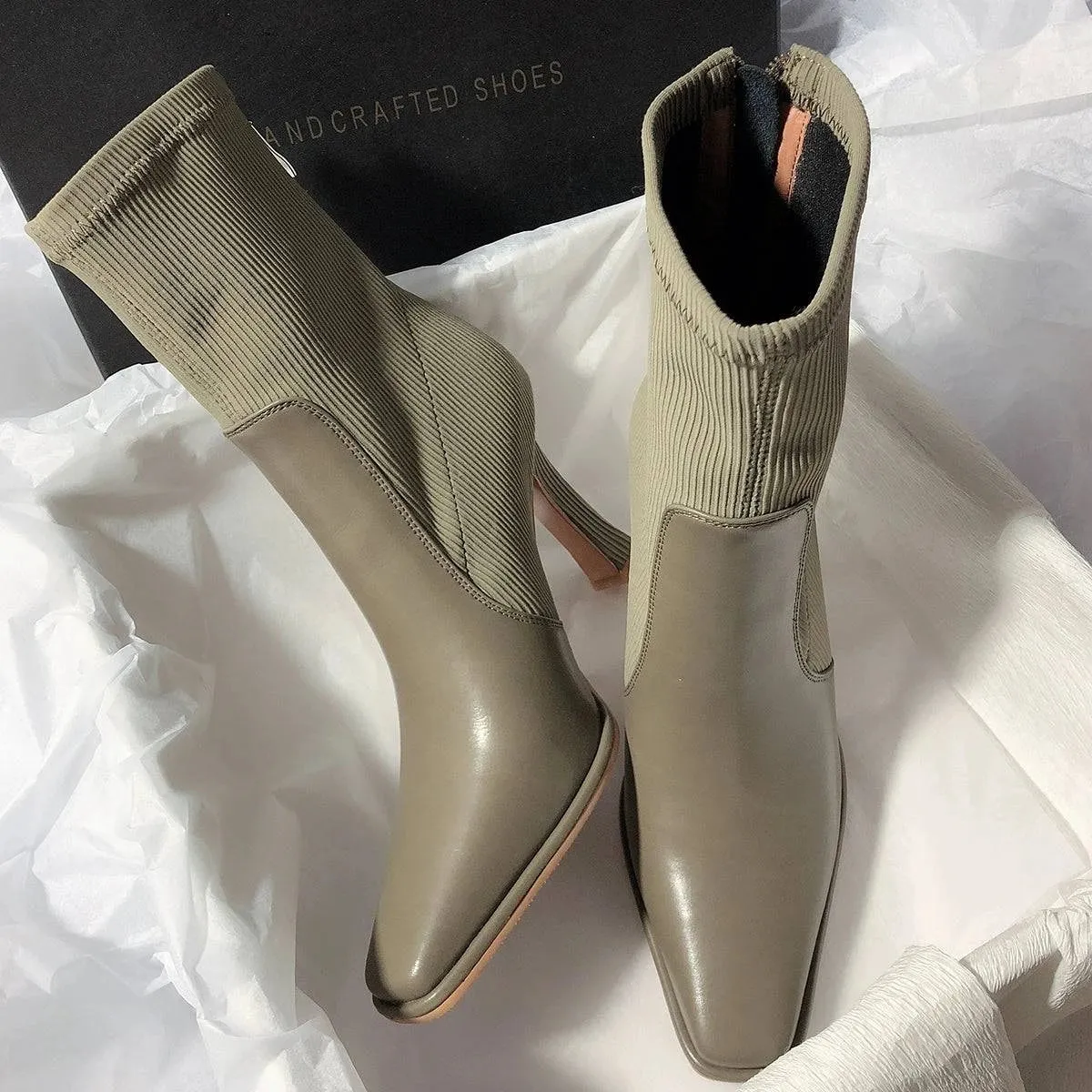 Senyu Sea Lane Korean Style Super High Heel Ankle Boots - Square Toe Stretch Boots for Women
