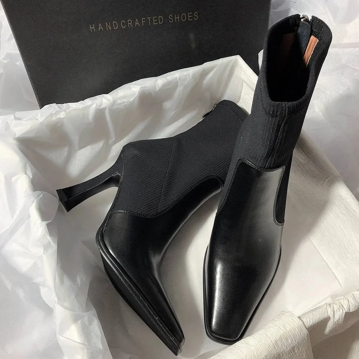 Senyu Sea Lane Korean Style Super High Heel Ankle Boots - Square Toe Stretch Boots for Women