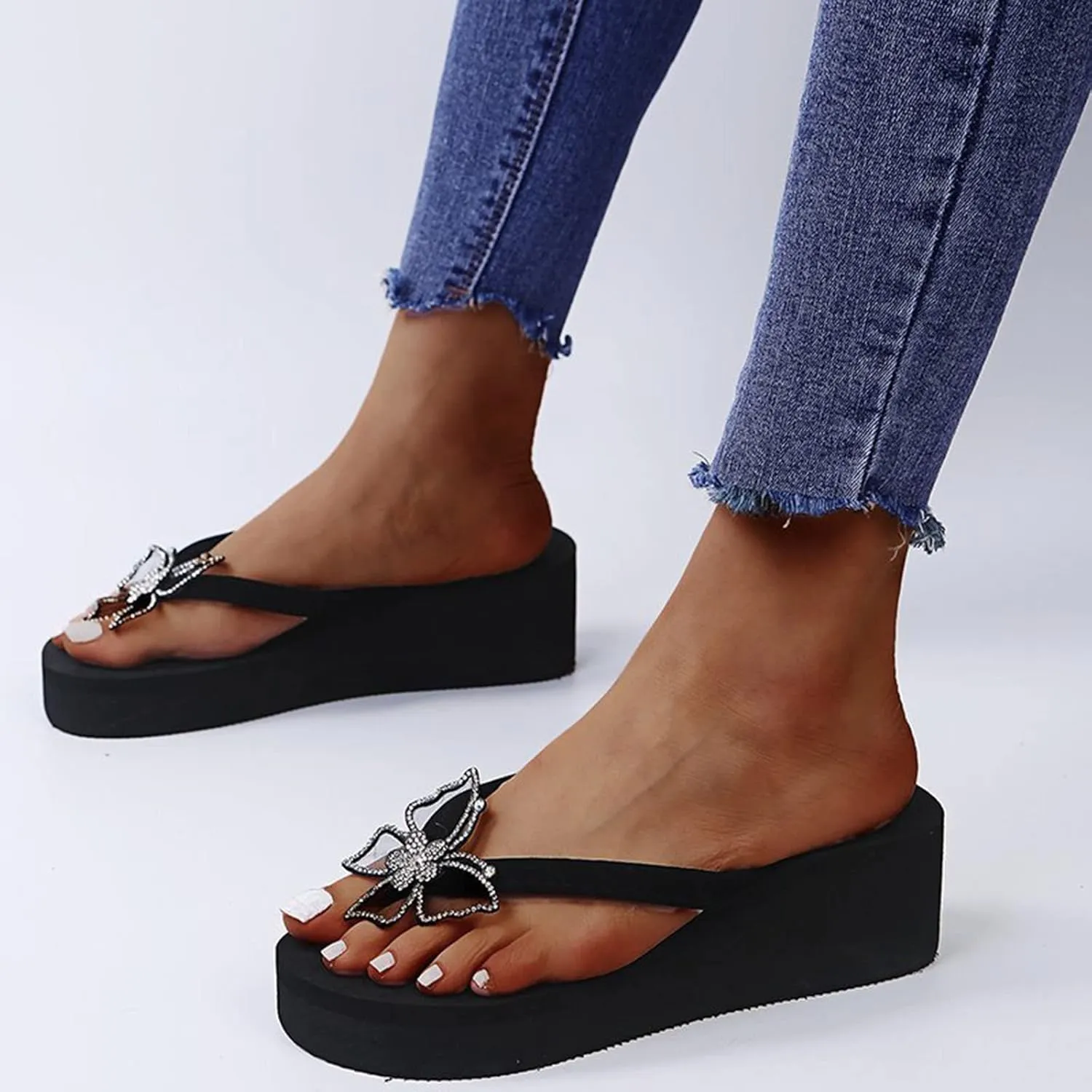 Thong Flip Flops for Women Platform Fashion Rhinestone Butterfly Clip Toe Slip-on Wedges Slipper Summer Comfortable Casual Ladies Beach Shoes