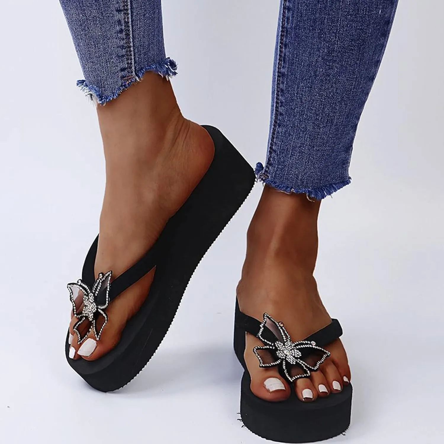 Thong Flip Flops for Women Platform Fashion Rhinestone Butterfly Clip Toe Slip-on Wedges Slipper Summer Comfortable Casual Ladies Beach Shoes