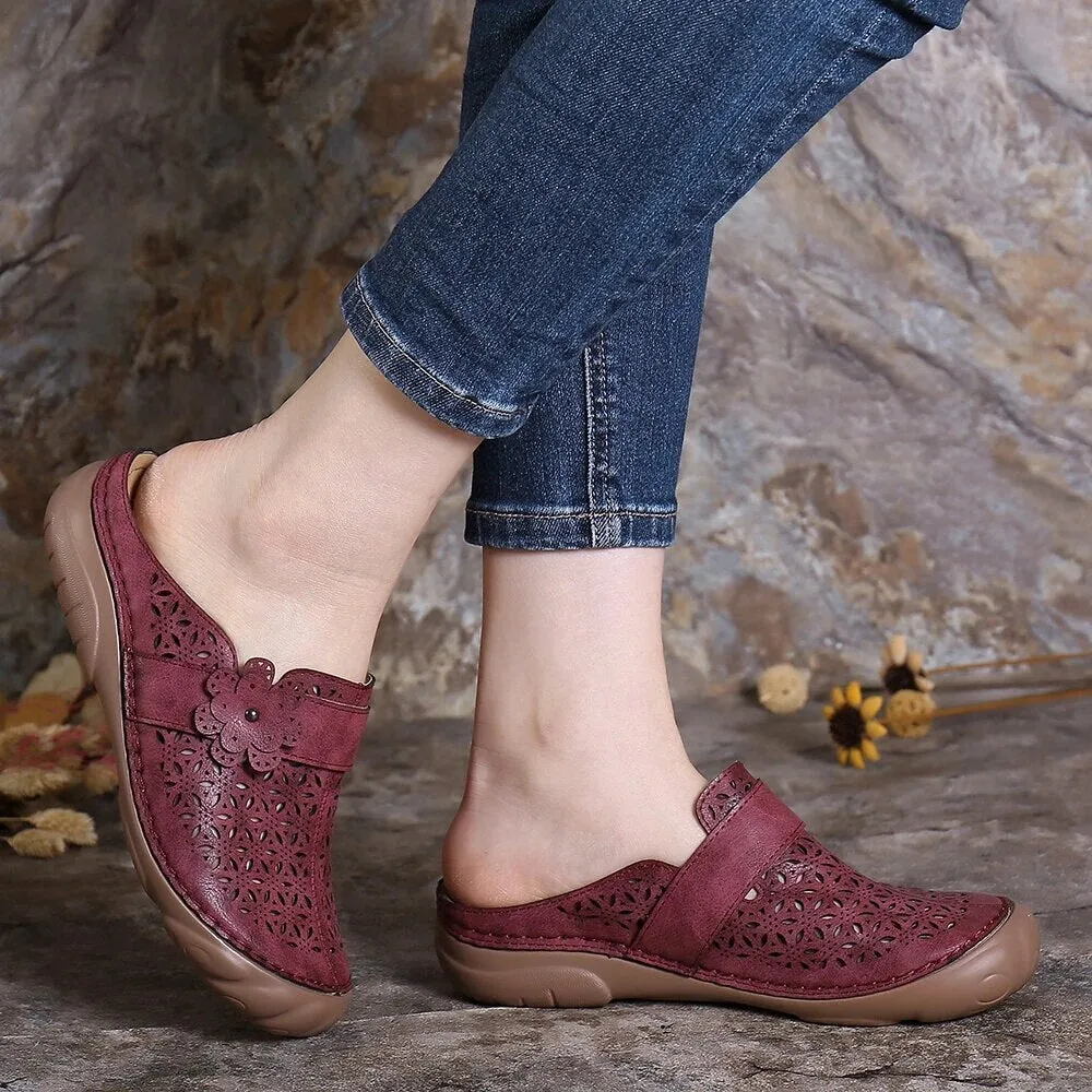 Vanccy Leather Floral Women Flats Retro Style Mother Sandals