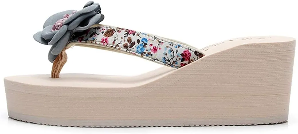 VOKLIN Women's Bohemian Flowers Wedge High Heel Flipflop Sandals Summer Platform Nonslip Beach Thong Sandal