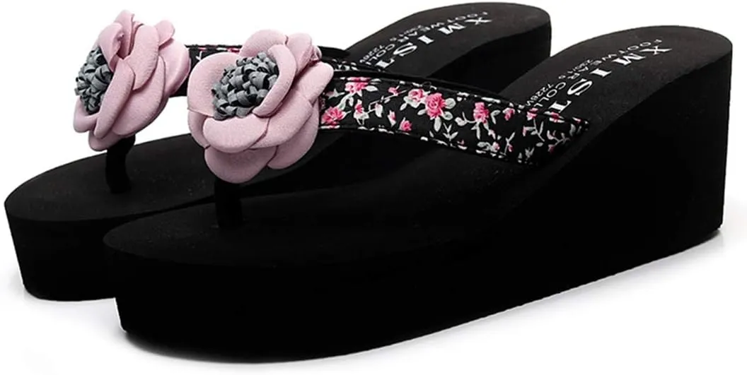 VOKLIN Women's Bohemian Flowers Wedge High Heel Flipflop Sandals Summer Platform Nonslip Beach Thong Sandal