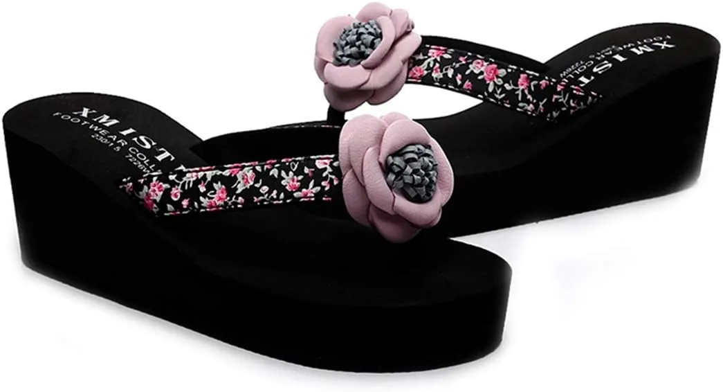 VOKLIN Women's Bohemian Flowers Wedge High Heel Flipflop Sandals Summer Platform Nonslip Beach Thong Sandal