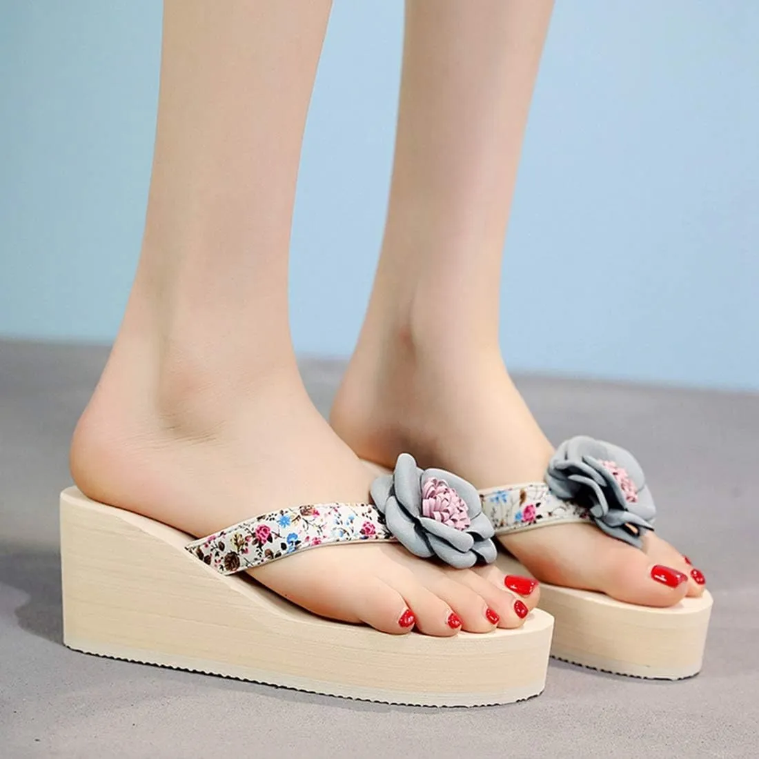 VOKLIN Women's Bohemian Flowers Wedge High Heel Flipflop Sandals Summer Platform Nonslip Beach Thong Sandal