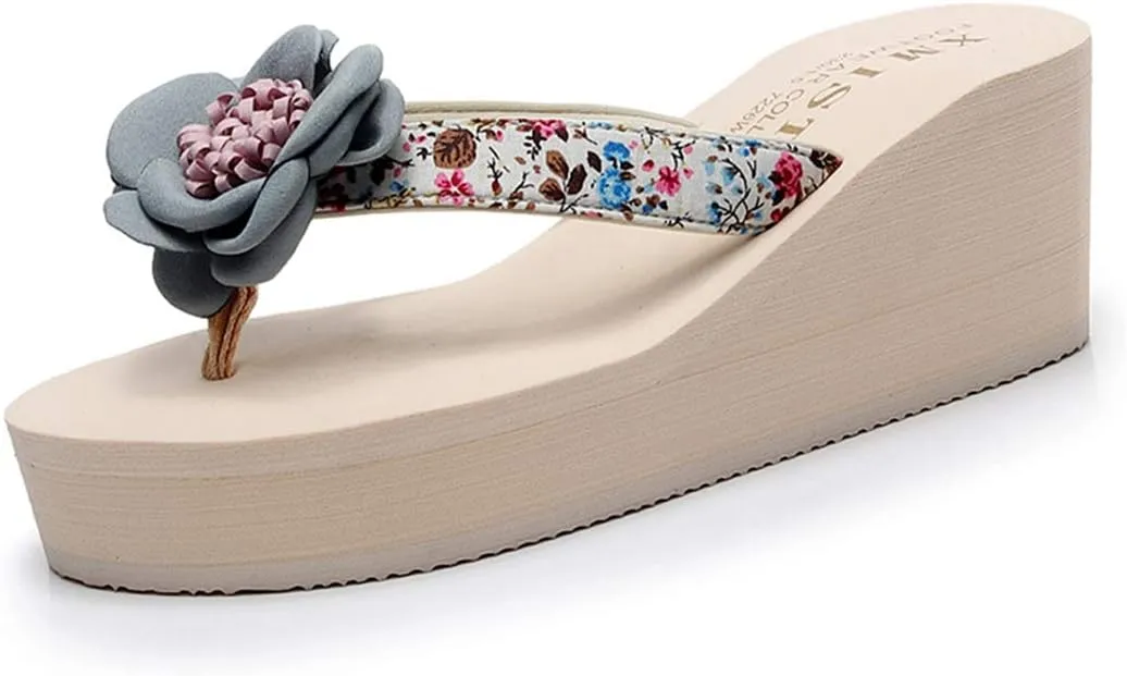 VOKLIN Women's Bohemian Flowers Wedge High Heel Flipflop Sandals Summer Platform Nonslip Beach Thong Sandal