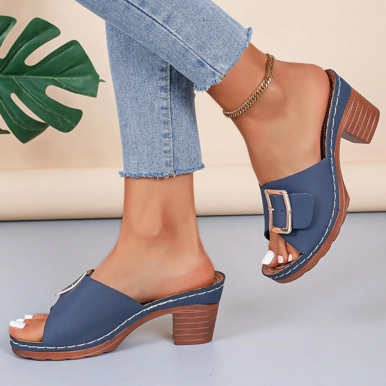 Women High Heel Slide Sandals Summer Dressy Chunky Heels Slippers Elegant Slip on with Buckle 2025 New