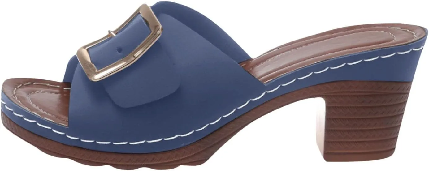 Women High Heel Slide Sandals Summer Dressy Chunky Heels Slippers Elegant Slip on with Buckle 2025 New