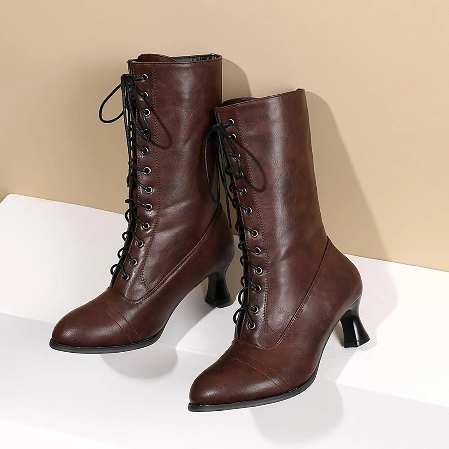 Womens Boots Classic Solid Color Lace Up Winter Boots for Women Warm Durable Leather Mid-Calf Boots