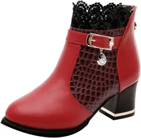Womens Boots Exquisite Leather Side Zipper Elegant Lace Boots for Women Vintage Round Toe Durable Sole Boots