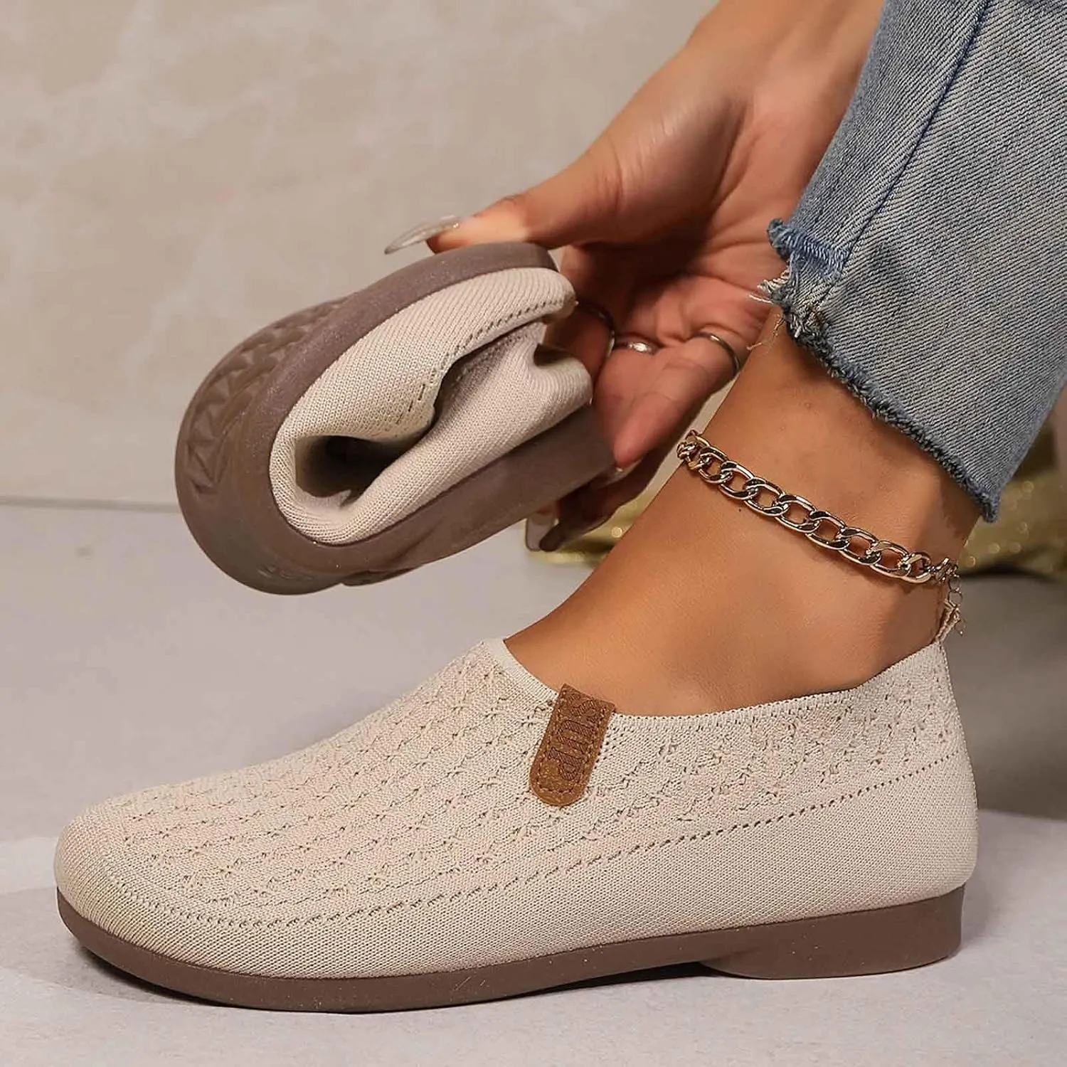 Women's Casual Slip On Shoes Breathable Flat Thick Sole Round Toe Fabric Loafers Comfortable Walking Footwear