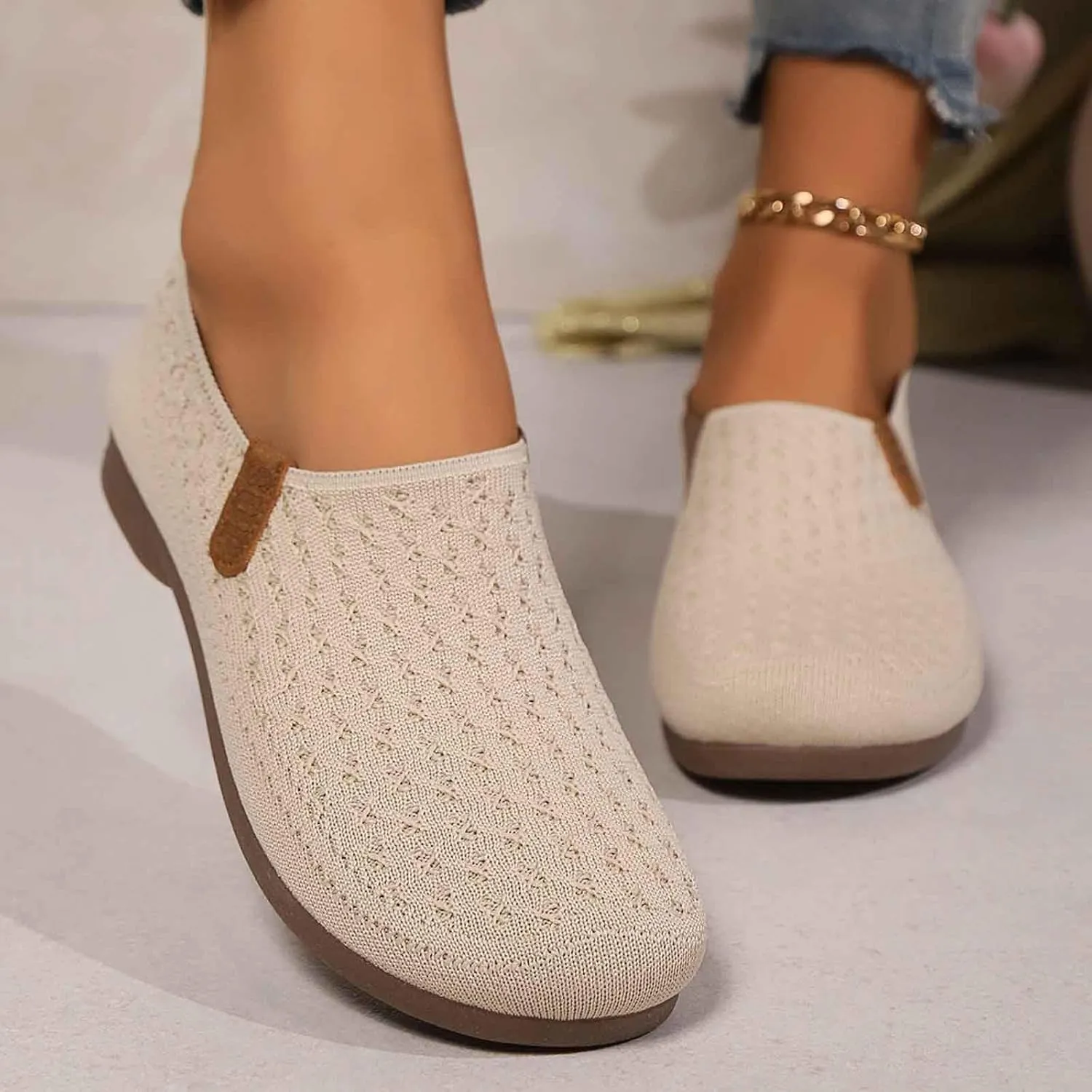 Women's Casual Slip On Shoes Breathable Flat Thick Sole Round Toe Fabric Loafers Comfortable Walking Footwear