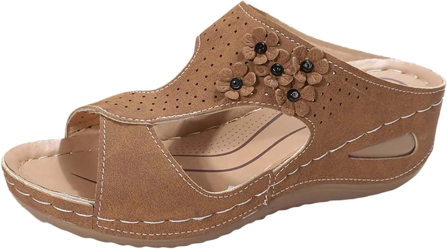 Women's Flat sandals, Comfort Slip-on Elastic ankle strap Slingback Light Weight Casual Walking Sandals Beach Printed Shoes for Women