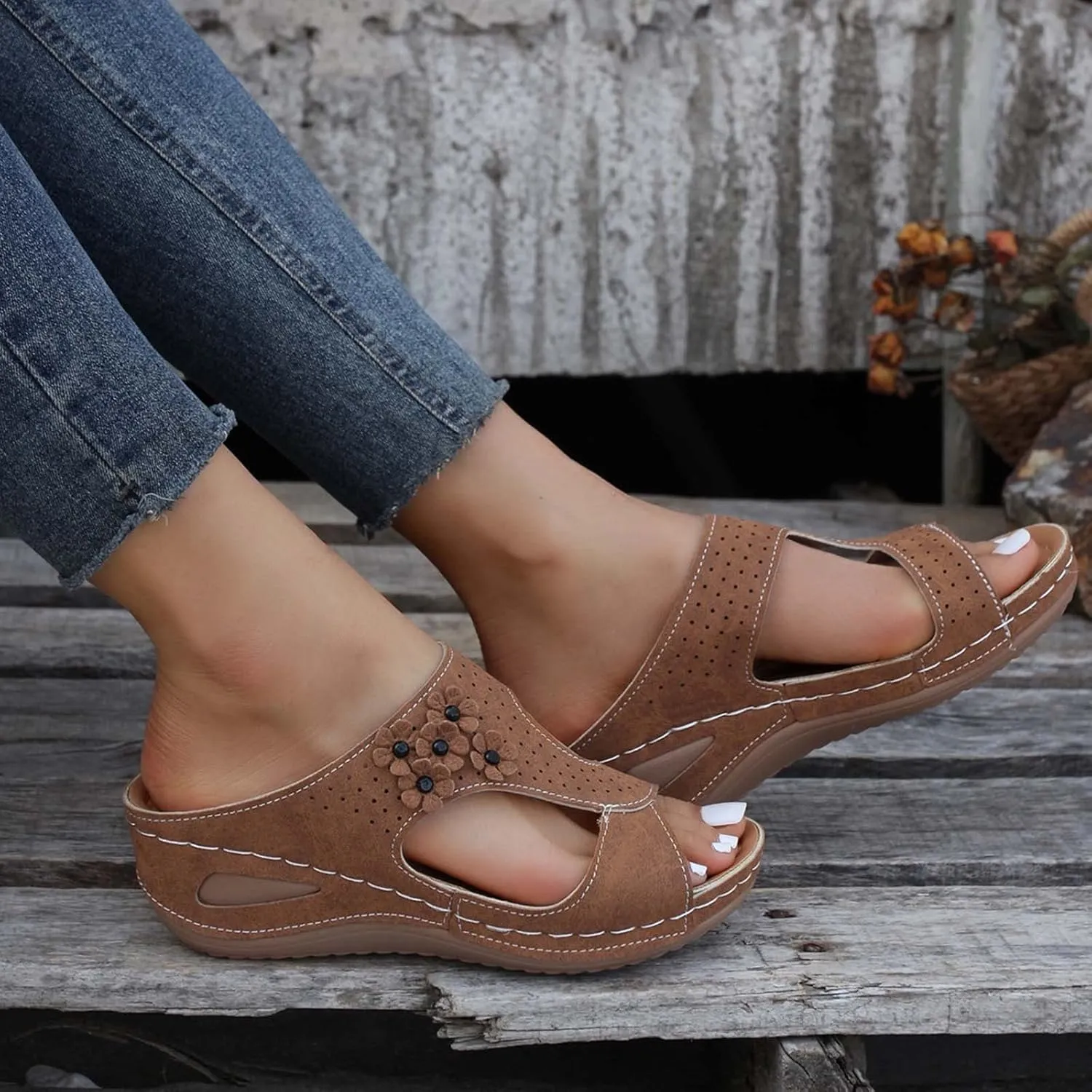 Women's Flat sandals, Comfort Slip-on Elastic ankle strap Slingback Light Weight Casual Walking Sandals Beach Printed Shoes for Women