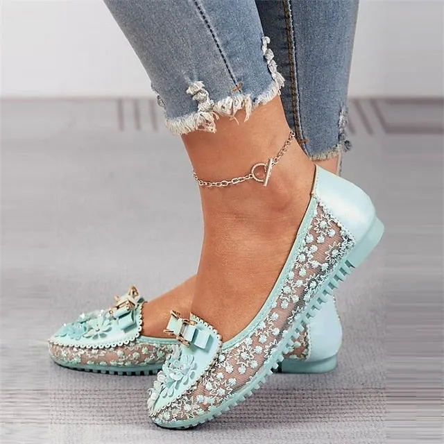 Women's Flats Flat Sandals Comfort Shoes Wedding Daily Summer Flat Heel Round Toe Elegant Casual Faux Leather Loafer Floral White Pink Blue