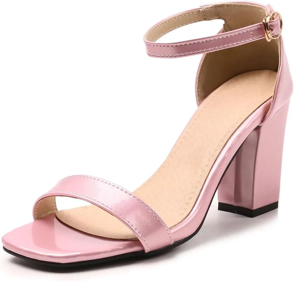 Women's JS45 Light Weight Peep Toe Block Patent-Leather Mid Block Heeled Sandals