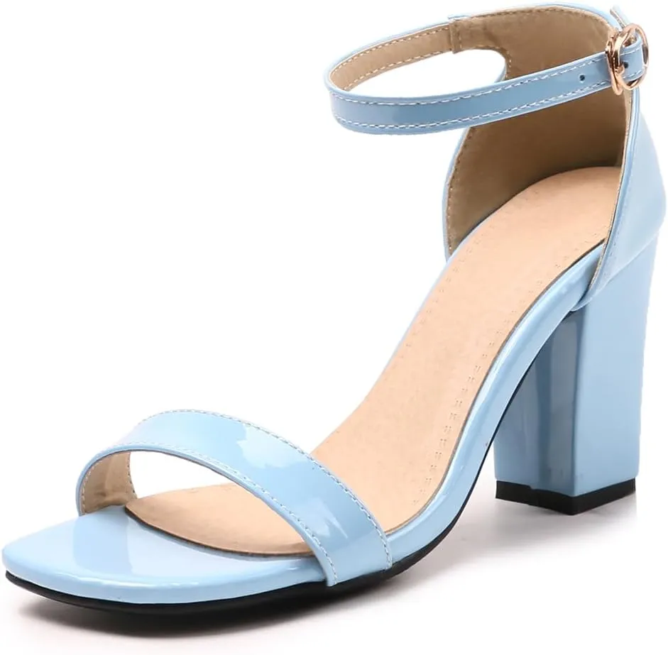 Women's JS45 Light Weight Peep Toe Block Patent-Leather Mid Block Heeled Sandals