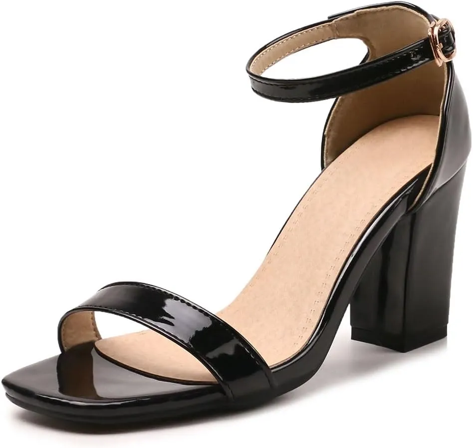 Women's JS45 Light Weight Peep Toe Block Patent-Leather Mid Block Heeled Sandals