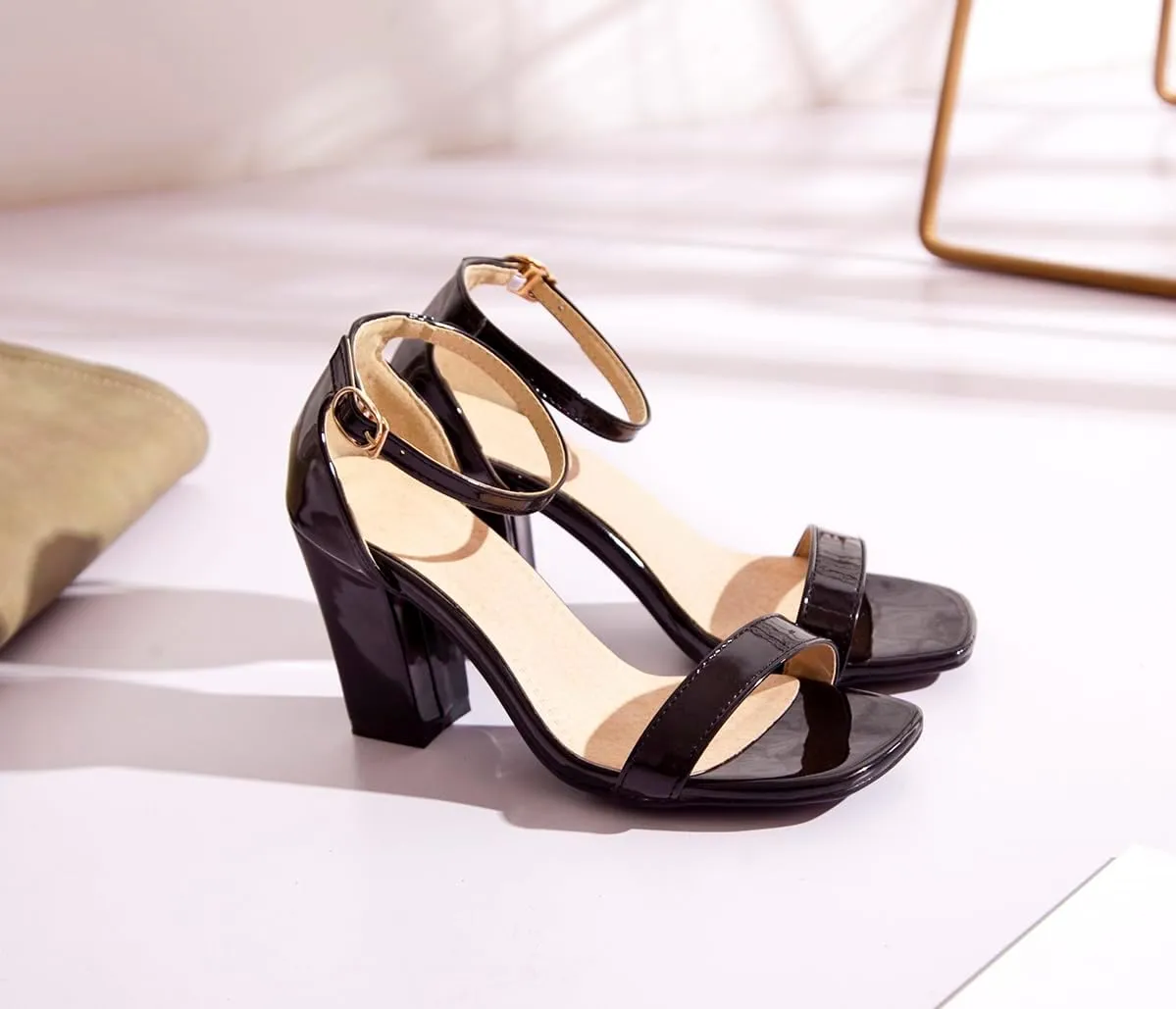 Women's JS45 Light Weight Peep Toe Block Patent-Leather Mid Block Heeled Sandals