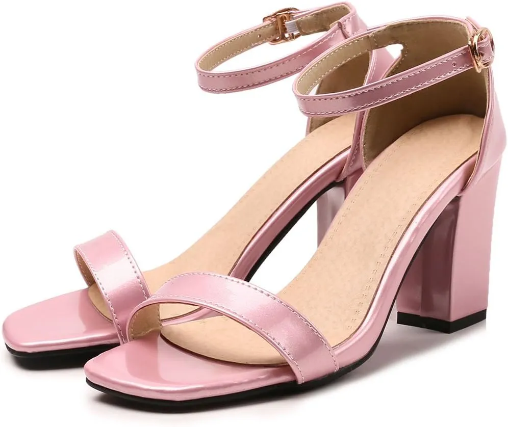 Women's JS45 Light Weight Peep Toe Block Patent-Leather Mid Block Heeled Sandals