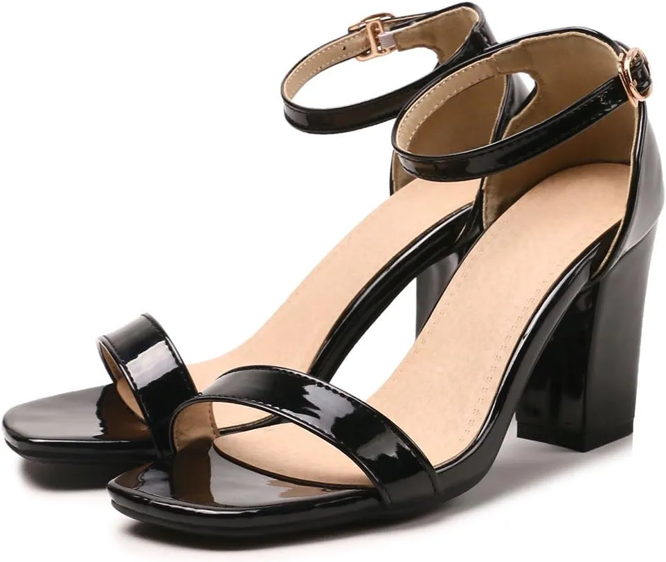 Women's JS45 Light Weight Peep Toe Block Patent-Leather Mid Block Heeled Sandals