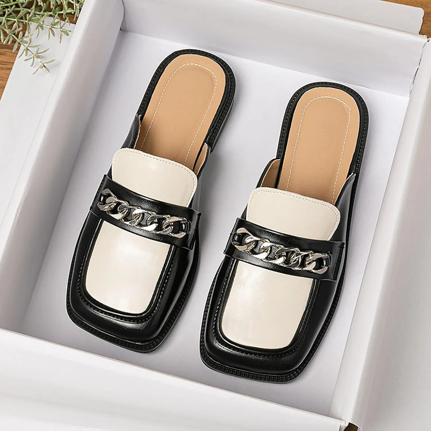 Women's Metal Chain Closed Square Toe Slip-on Mules,Comfortable Chunky Heel Backless Casual Loafers Slides Fashion Dress Shoes