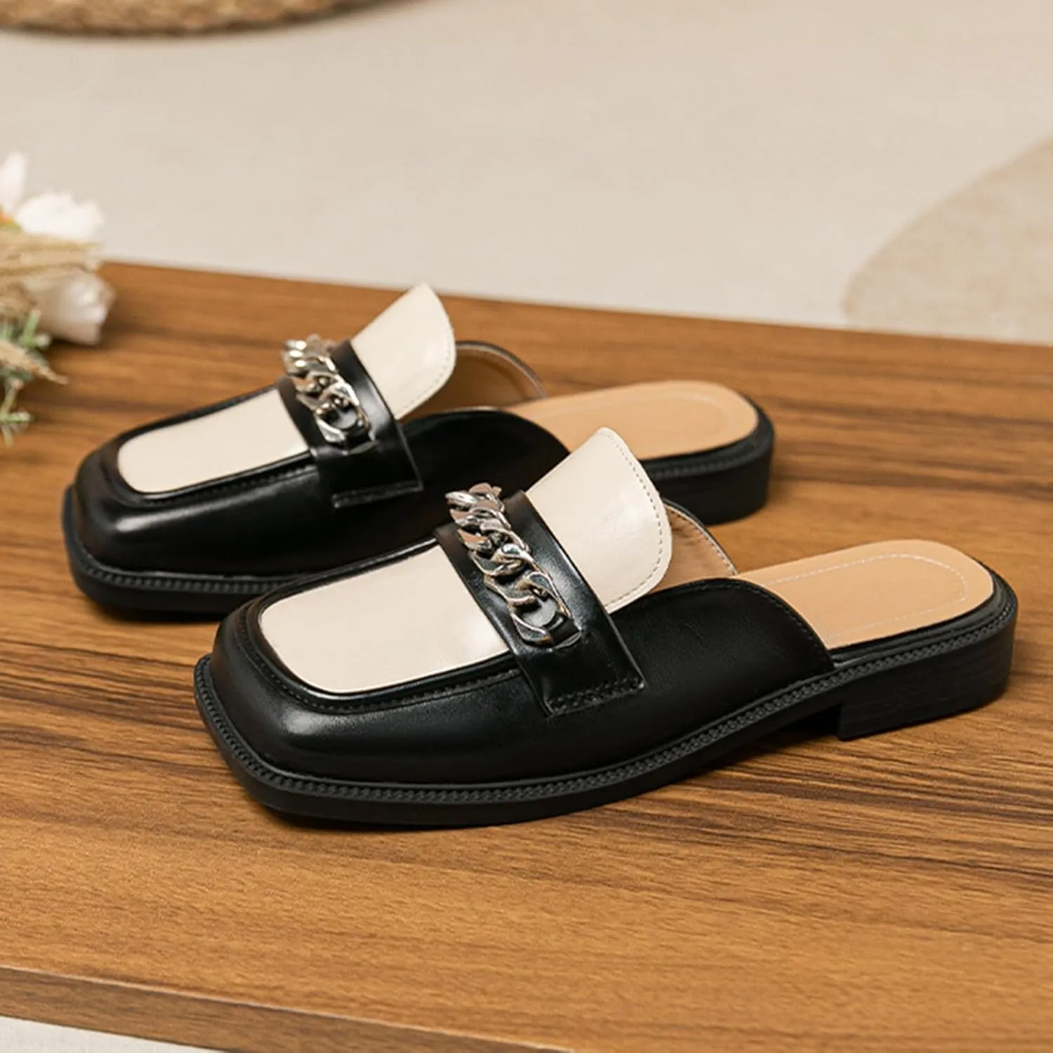 Women's Metal Chain Closed Square Toe Slip-on Mules,Comfortable Chunky Heel Backless Casual Loafers Slides Fashion Dress Shoes