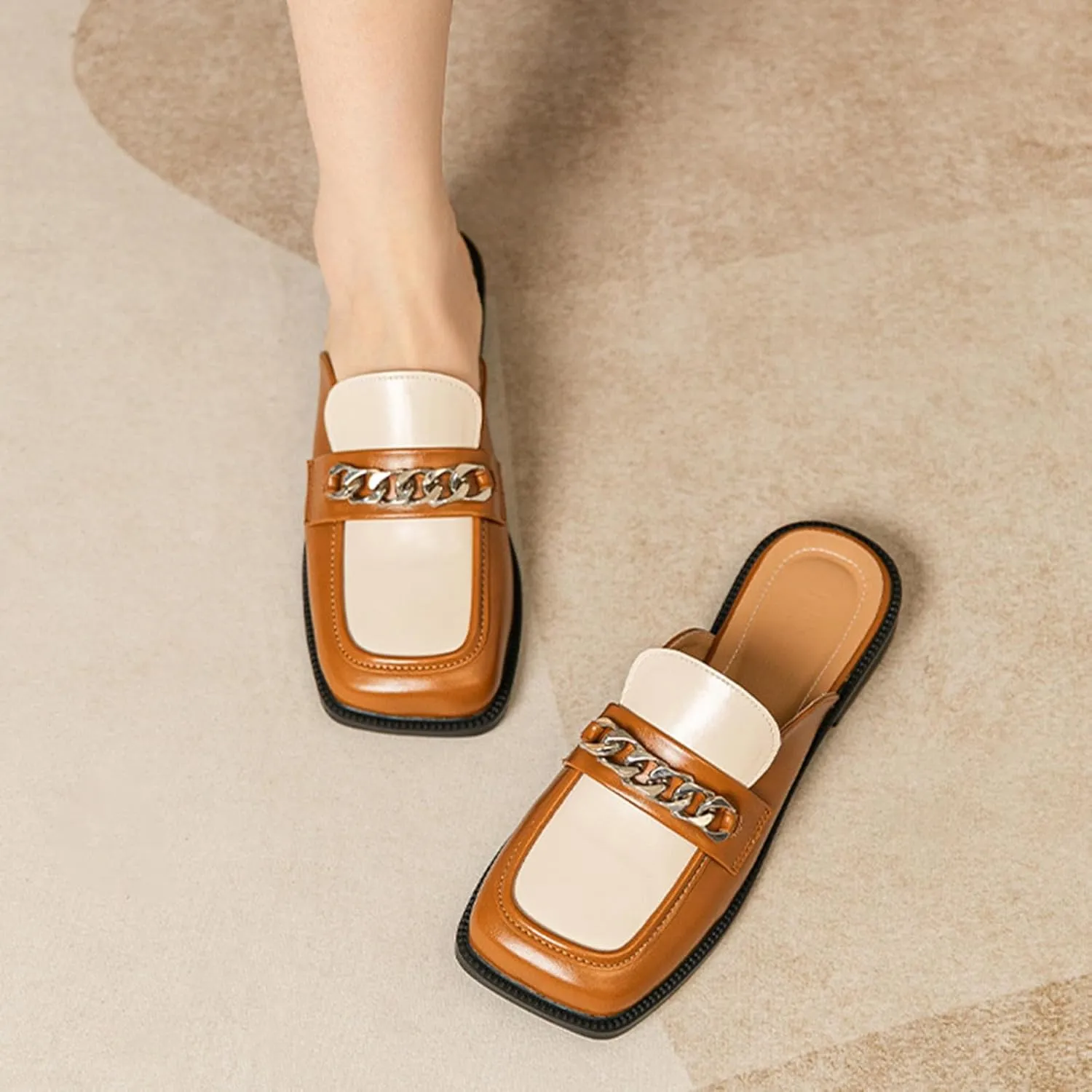 Women's Metal Chain Closed Square Toe Slip-on Mules,Comfortable Chunky Heel Backless Casual Loafers Slides Fashion Dress Shoes