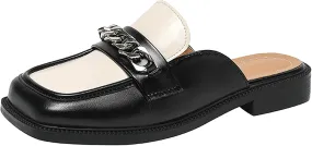 Women's Metal Chain Closed Square Toe Slip-on Mules,Comfortable Chunky Heel Backless Casual Loafers Slides Fashion Dress Shoes
