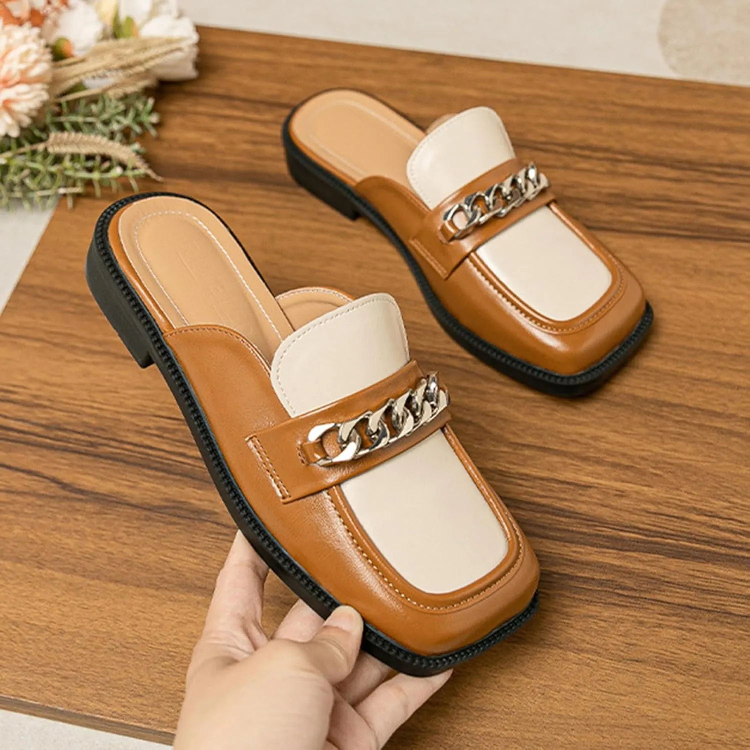 Women's Metal Chain Closed Square Toe Slip-on Mules,Comfortable Chunky Heel Backless Casual Loafers Slides Fashion Dress Shoes