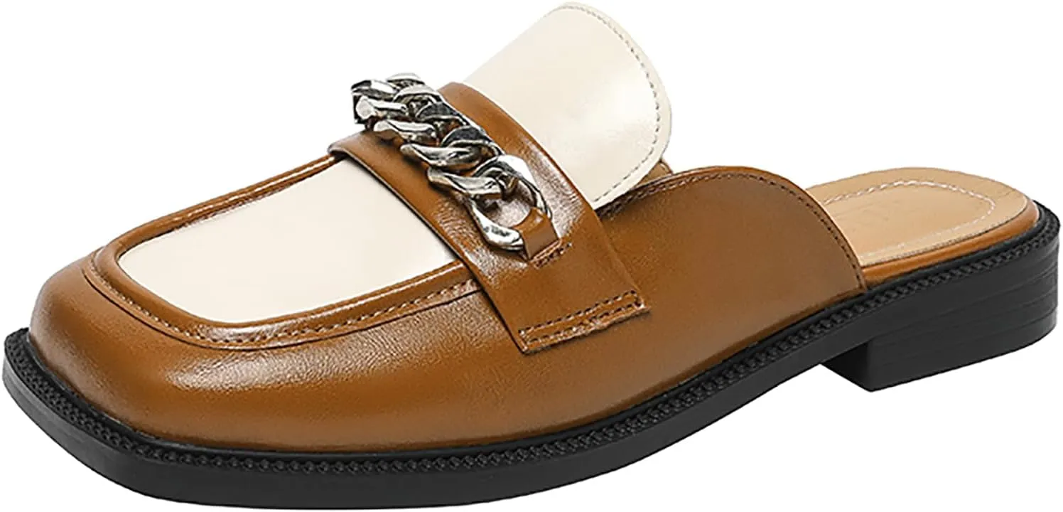 Women's Metal Chain Closed Square Toe Slip-on Mules,Comfortable Chunky Heel Backless Casual Loafers Slides Fashion Dress Shoes