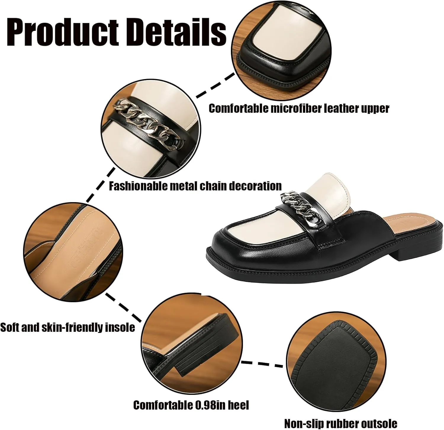 Women's Metal Chain Closed Square Toe Slip-on Mules,Comfortable Chunky Heel Backless Casual Loafers Slides Fashion Dress Shoes