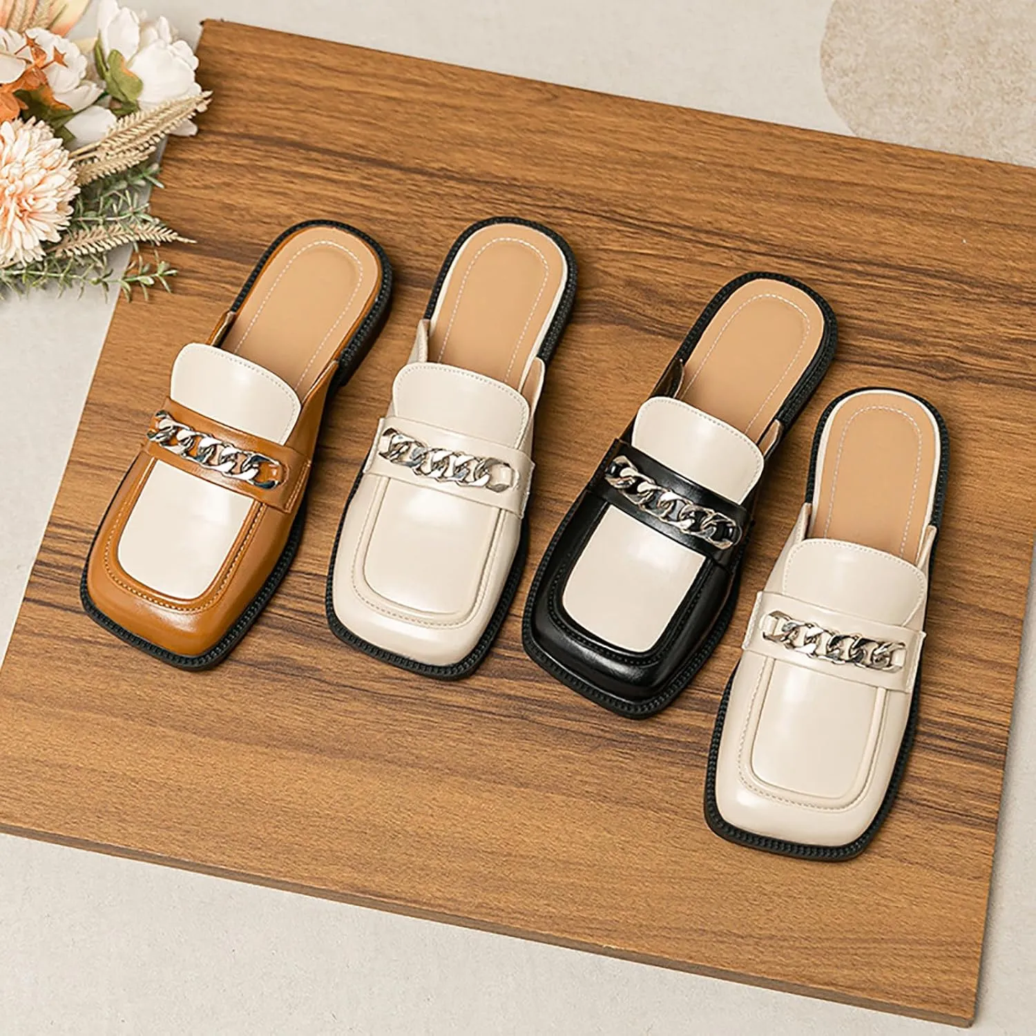 Women's Metal Chain Closed Square Toe Slip-on Mules,Comfortable Chunky Heel Backless Casual Loafers Slides Fashion Dress Shoes