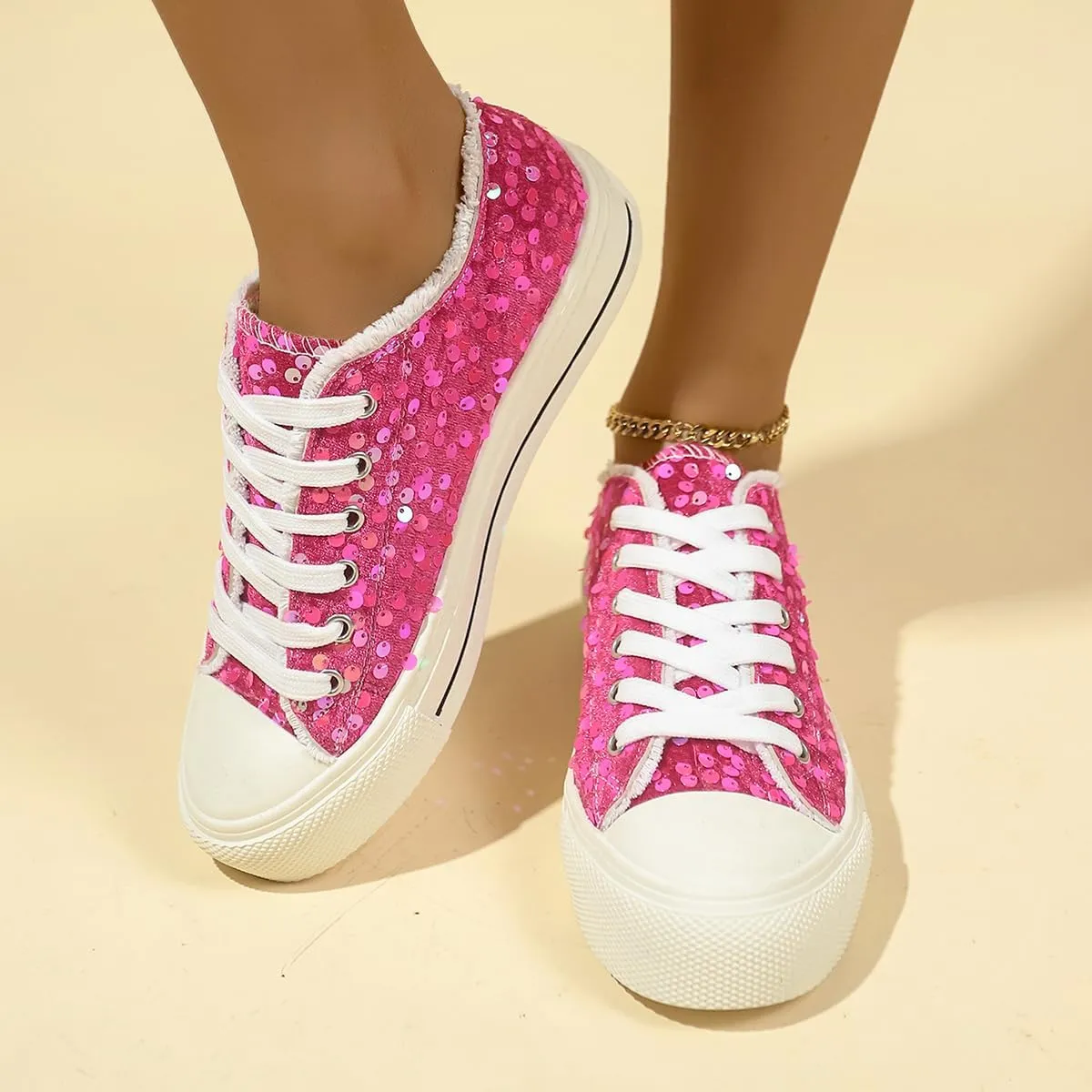 Women's Platform Sneakers – Lightweight Lace-Up Canvas Sneakers with Sequin Embellishment, Anti-Slip Sole & Wear-Resistant Design for Casual & Fall Fashion