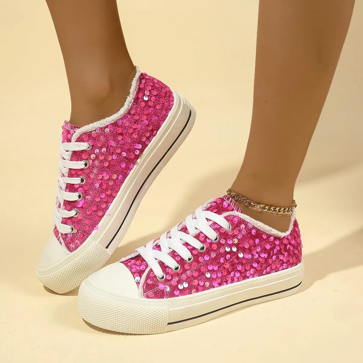 Women's Platform Sneakers – Lightweight Lace-Up Canvas Sneakers with Sequin Embellishment, Anti-Slip Sole & Wear-Resistant Design for Casual & Fall Fashion