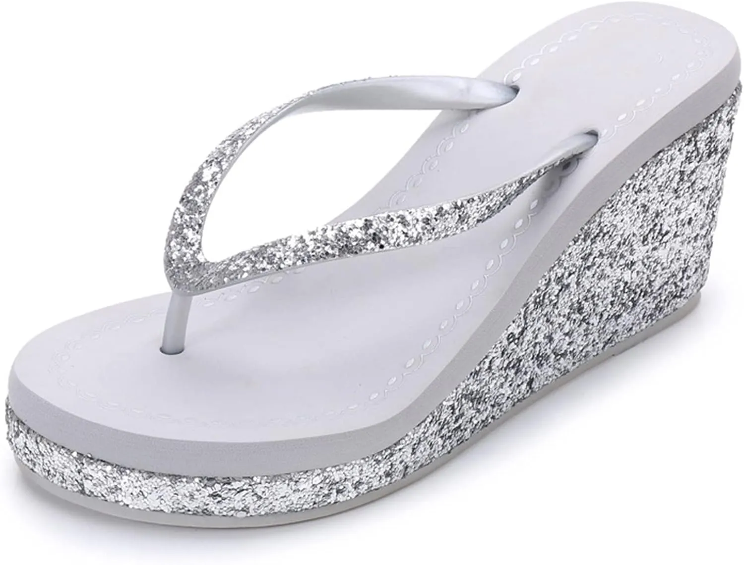 Womens Summer Wedge Platform Flip Flop Open Toe High Heel Flipflops Non-Slip Rhinestones Glitter Gem Sparkling Beach Sandals (Silver,8)